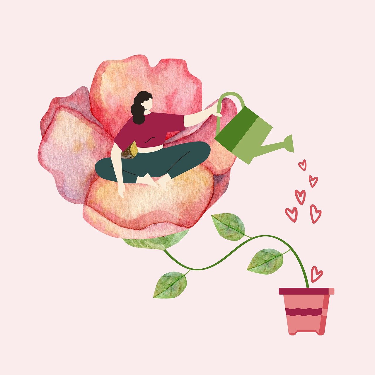dessin d'une femme assise au coeur d'une fleur dont elle arrose la base